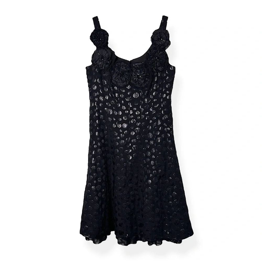 3/$20 💥 WD.NY A-Line Mini Dress Sz 10 Black Polka‎ Dot Floral Embellished Neck